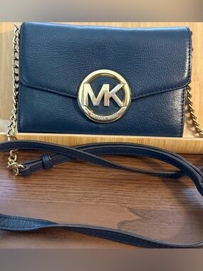 Michael Kors Navy Leather Crossbody with Gold MK Medallion and Scarf